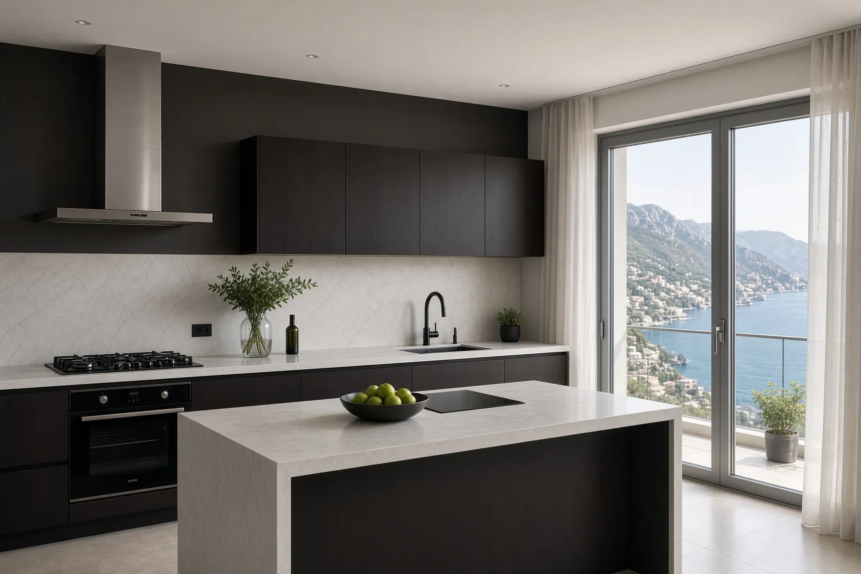 Dark kitchen with an island and a sea view, visualisation by Room Factory
