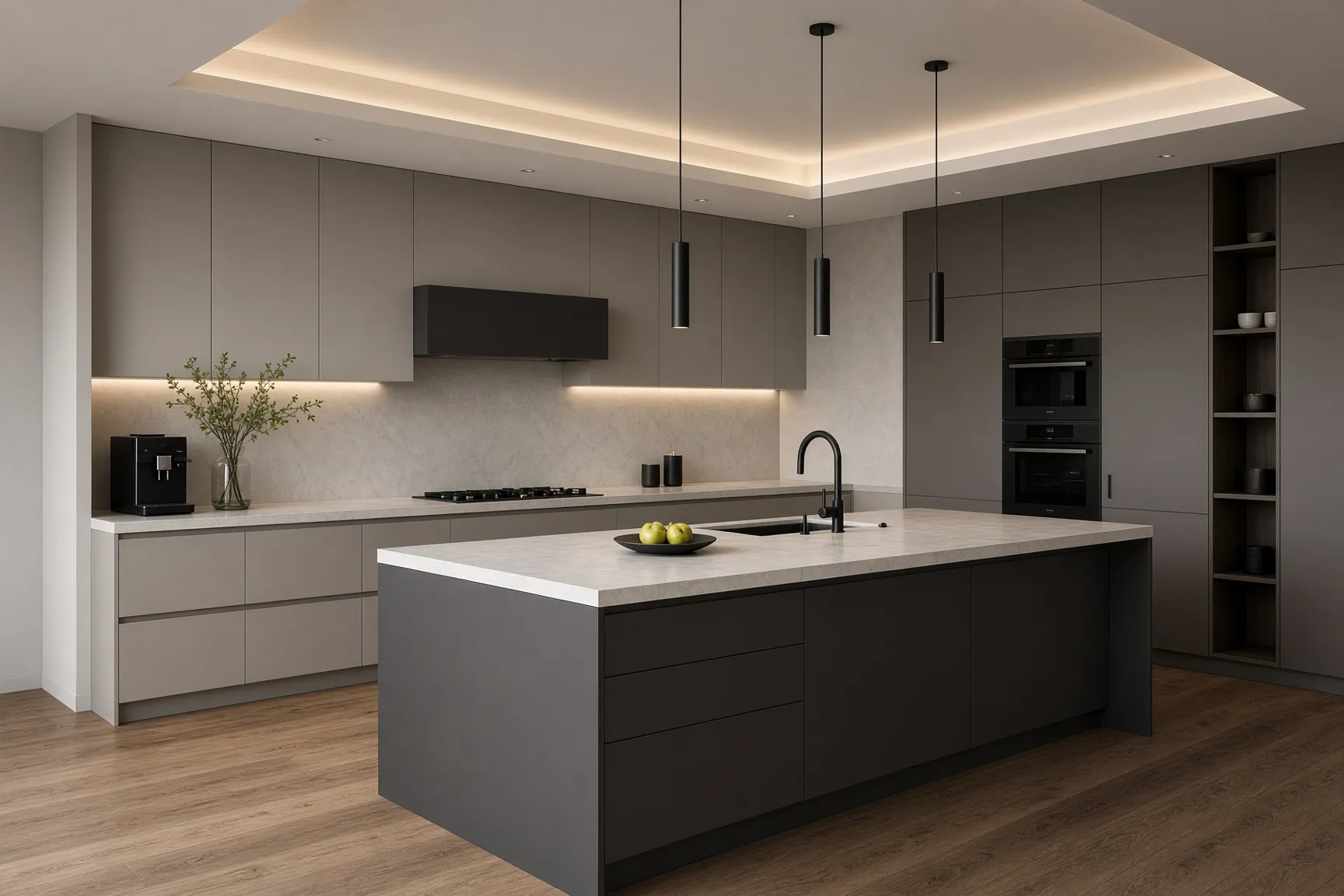 Grey island kitchen visualisation by Room Factory