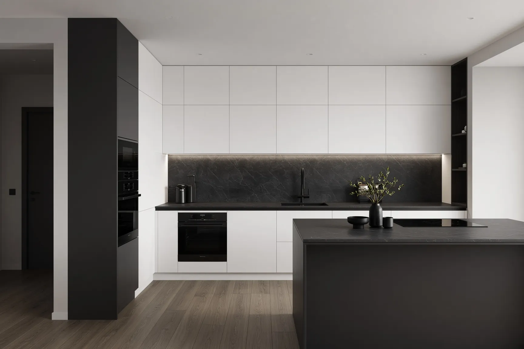 White kitchen with a black marble backsplash, visualisation by Room Factory