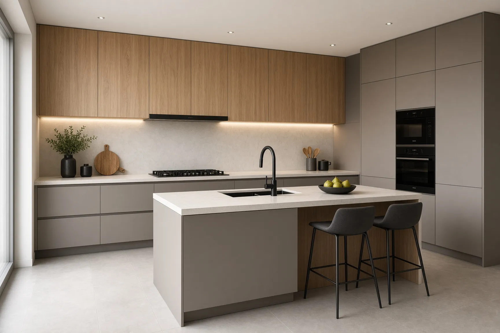 Wood and grey island kitchen visualisation by Room Factory